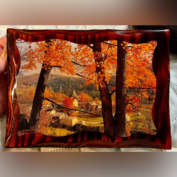 Vintage 60s Decoupage Country Church Solid Wood Fall Scenery Farmhouse Plaque - Picture 1 of 10